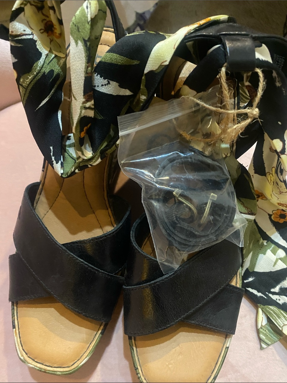 Born Black Leather Wrap Sandals with Floral Ankle Scarf